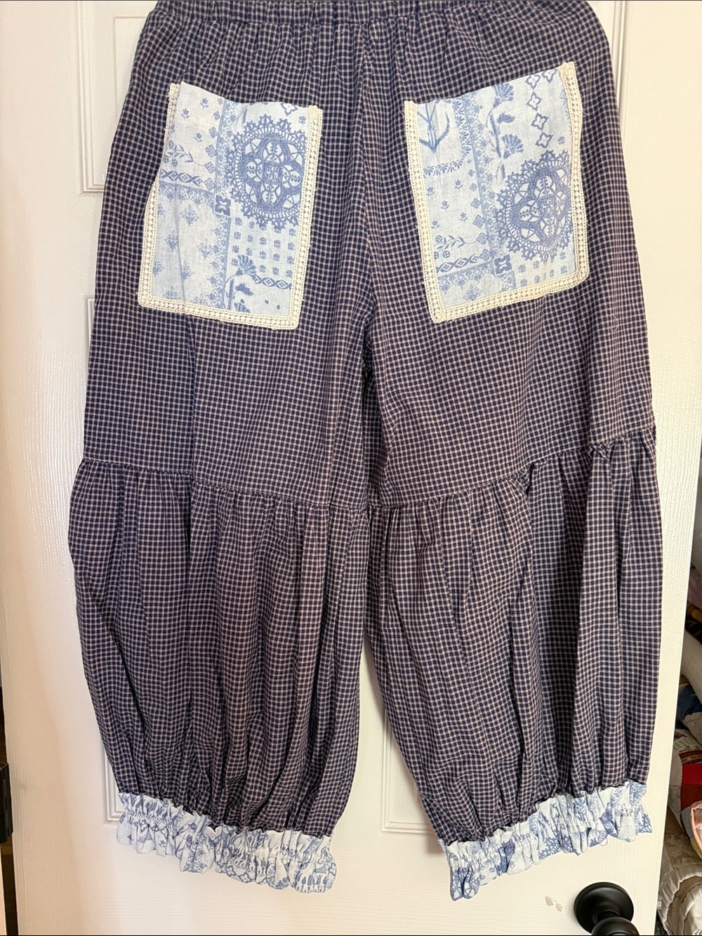 Blue Gingham Patchwork Boho Bloomer Pants - Picture 3 of 5